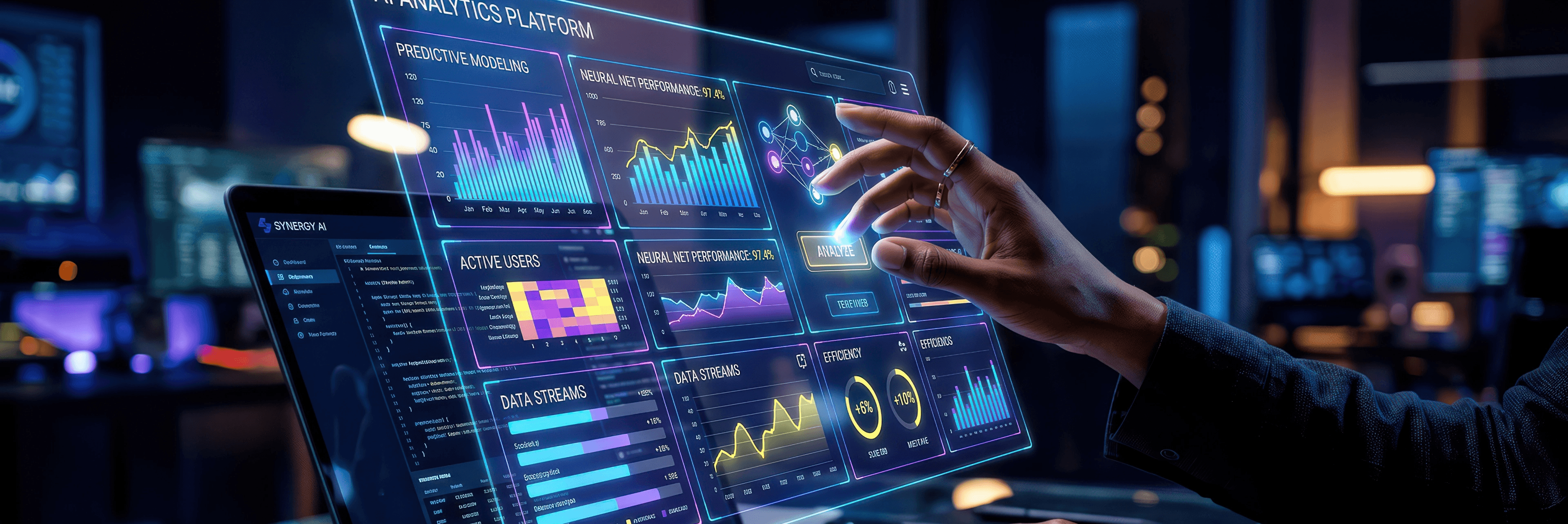 Hand interacting with a holographic AI analytics platform dashboard displaying predictive modeling charts, neural network performance metrics, and data stream visualizations