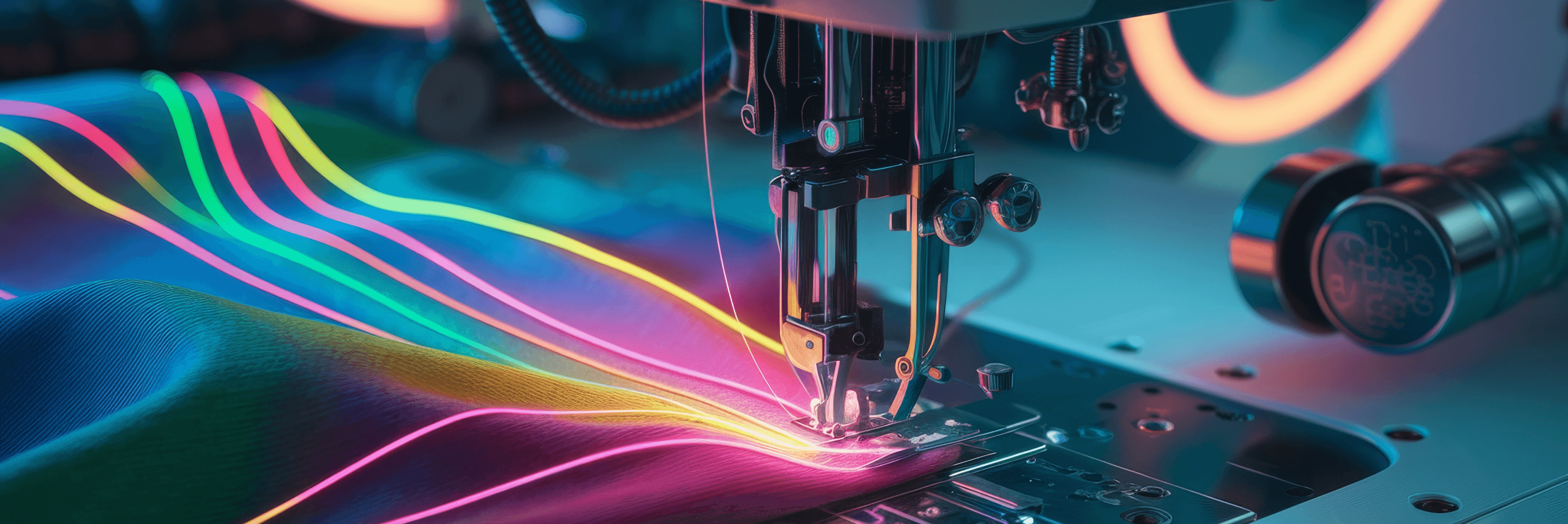 Close-up of an industrial sewing machine needle stitching fabric with vivid neon colored thread streams in pink, yellow, and green