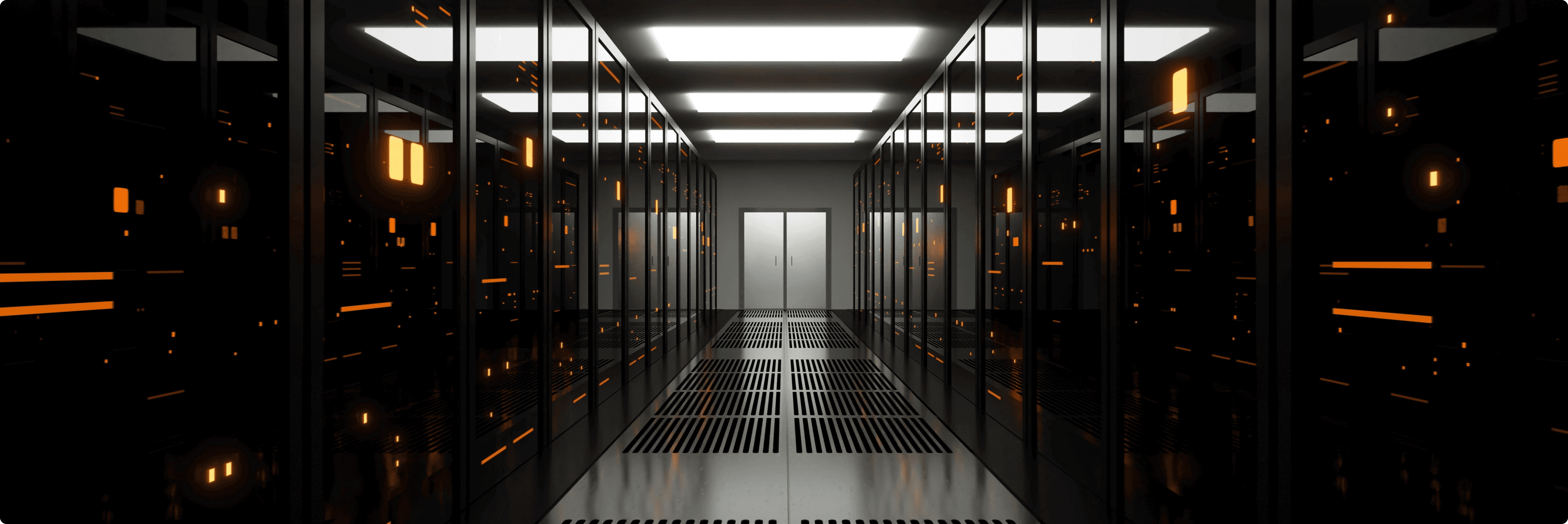 Dramatic corridor view of a dark data center with rows of server racks glowing amber, raised floor grating, and a bright white door at the far end